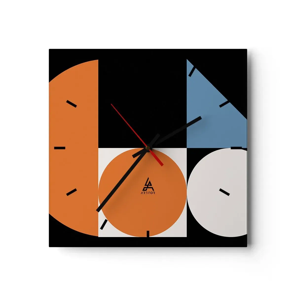 Zegar ścienny - Geometryczny wzór z kolorowymi kształtami na czarnym tle - 30x30cm - Układ figurowy - Nowoczesna dekoracja ścienna do salonu i sypialni ARTTOR