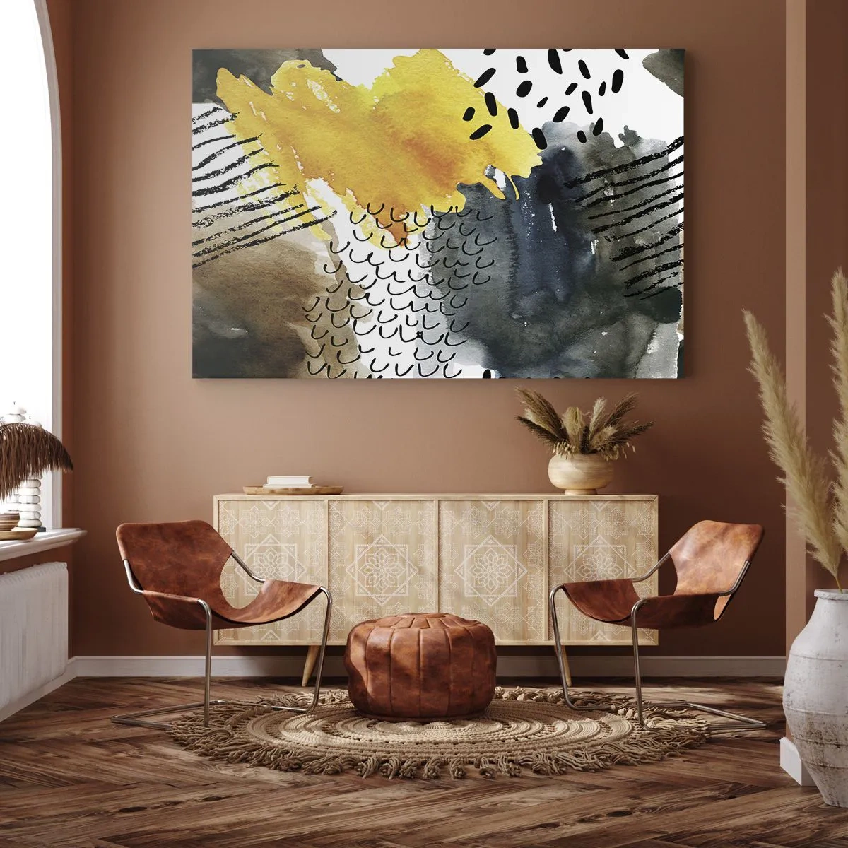 Obraz na płótnie - Abstrakcyjna kompozycja z żółtymi akcentami i graficznymi wzorami - 70x50cm - Spotkanie żywiołów - Nowoczesna dekoracja ścienna do salonu i sypialni ARTTOR