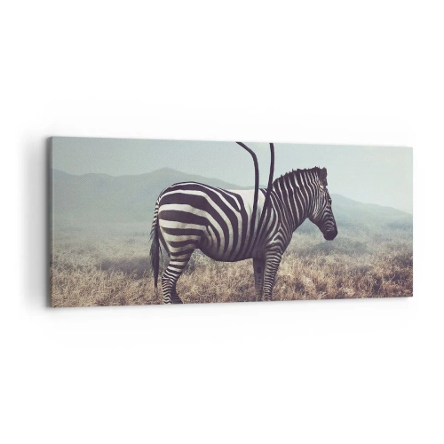 Obraz na płótnie - Surrealistyczna zebra na tle trawiastego krajobrazu - 120x50cm - Uwaga! Usterka - Nowoczesna dekoracja ścienna do salonu i sypialni ARTTOR