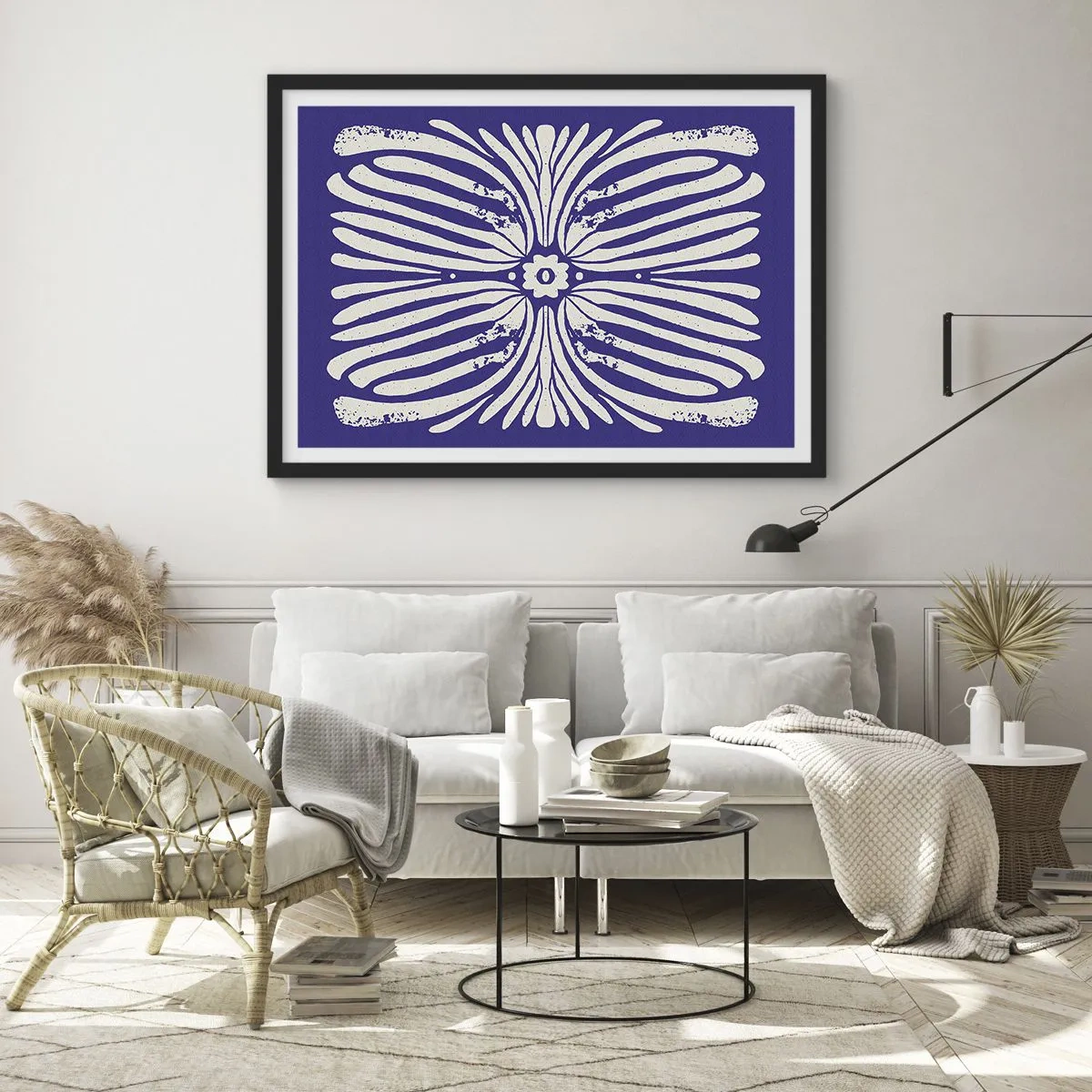 Plakat w czarnej ramie - Etniczny wzór w odcieniach fioletu i bieli - 70x50cm - Etniczne inspiracje - Nowoczesna dekoracja ścienna do salonu i sypialni ARTTOR