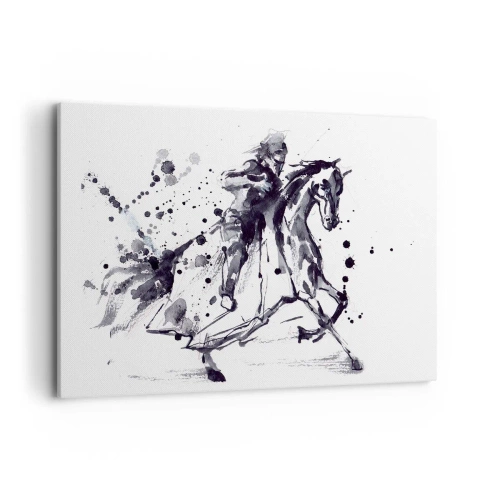 Obraz na płótnie - Czarno-biała akwarela jeźdźca na galopującym koniu - 100x70cm - Czarny rycerz - Nowoczesna dekoracja ścienna do salonu, kuchni i sypialni ARTTOR
