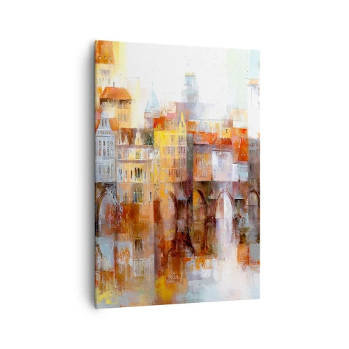 Obraz na płótnie - Malownicza panorama miasta z mostem w jesiennych barwach - 70x100cm - Pod mostem też pięknie - Nowoczesna dekoracja ścienna do salonu i sypialni ARTTOR