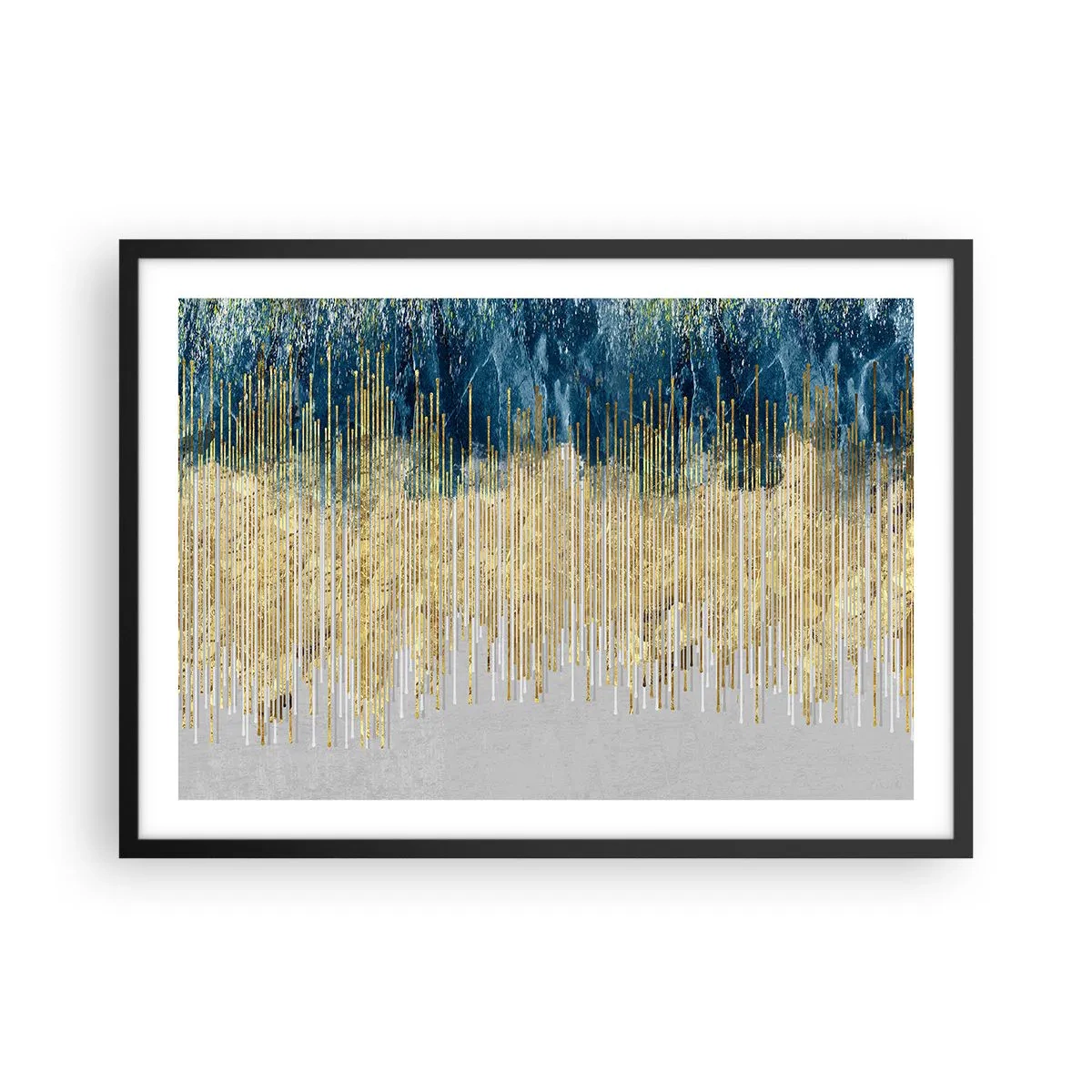 Plakat w czarnej ramie - Złote linie na tle granatowej i szarej abstrakcji - 70x50cm - Wyzłocona granica - Nowoczesna dekoracja ścienna do salonu i sypialni ARTTOR