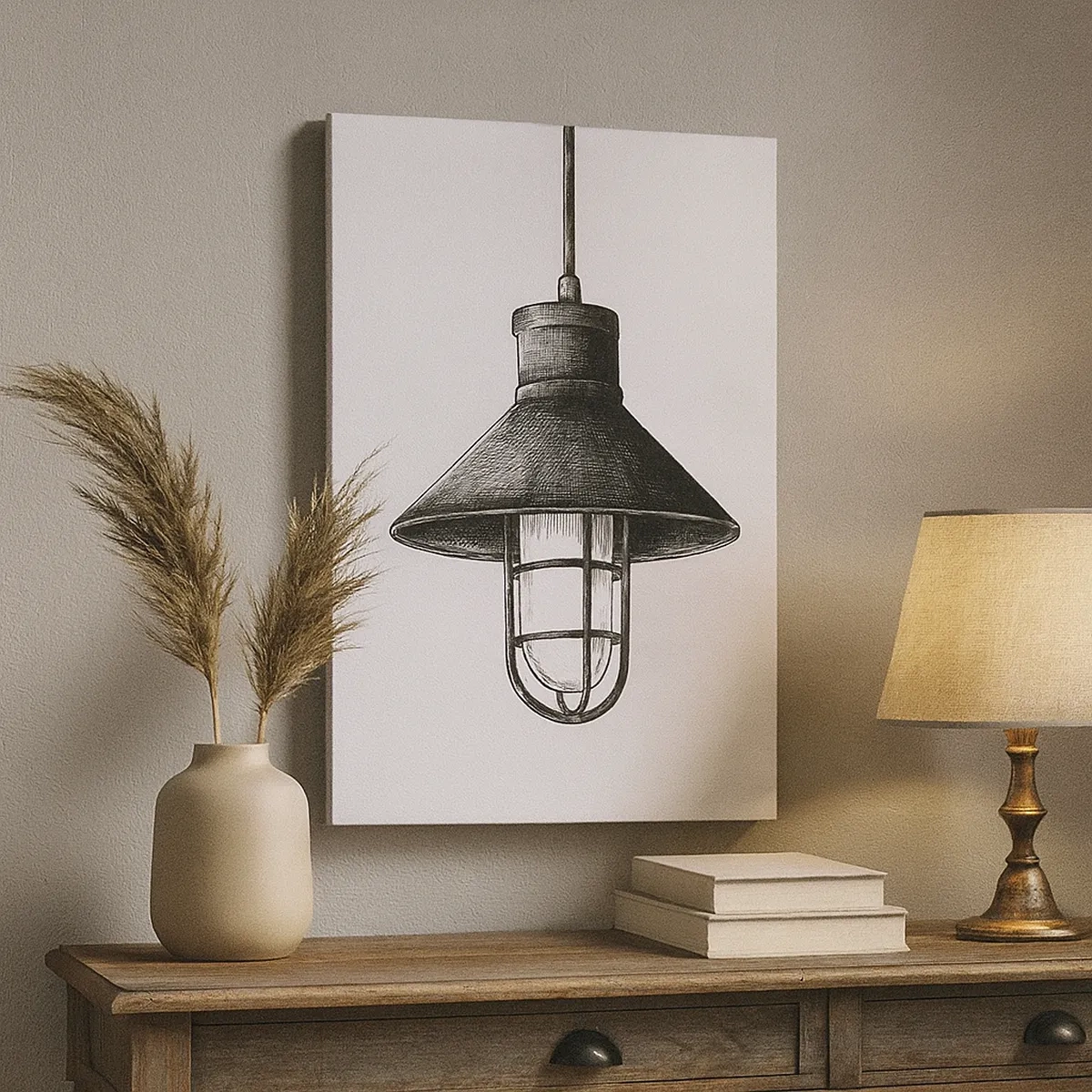 Obraz na płótnie - Czarno-biały rysunek industrialnej lampy wiszącej na jasnym tle - 50x70cm - Jak przed laty… - Nowoczesna dekoracja ścienna do salonu, kuchni i sypialni ARTTOR
