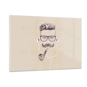 Obraz na szkle - Rysunek stylizowanego mężczyzny z okularami, wąsem i fajką - 120x80cm - Prawdziwy mężczyzna? - Nowoczesna dekoracja ścienna do salonu, kuchni i sypialni ARTTOR