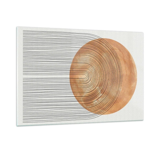 Obraz na szkle - Geometryczna forma z koncentrycznymi liniami i złotym kołem - 120x80cm - Kompozycja słoneczna - Nowoczesna dekoracja ścienna do salonu, kuchni i sypialni ARTTOR