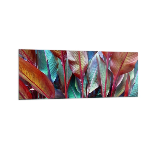 Obraz na szkle - Kolorowe liście tropikalnych roślin w gąszczu - 140x50cm - Kolorowy gąszcz - Nowoczesna dekoracja ścienna do salonu i sypialni ARTTOR