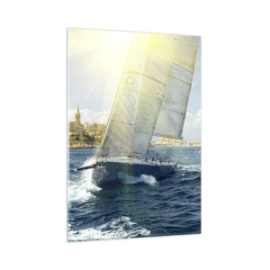 Obraz na szkle - Jacht żeglujący na tle miasta w słoneczny dzień - 50x70cm - Pora opuścić miasto - Nowoczesna dekoracja ścienna do salonu, kuchni i sypialni ARTTOR