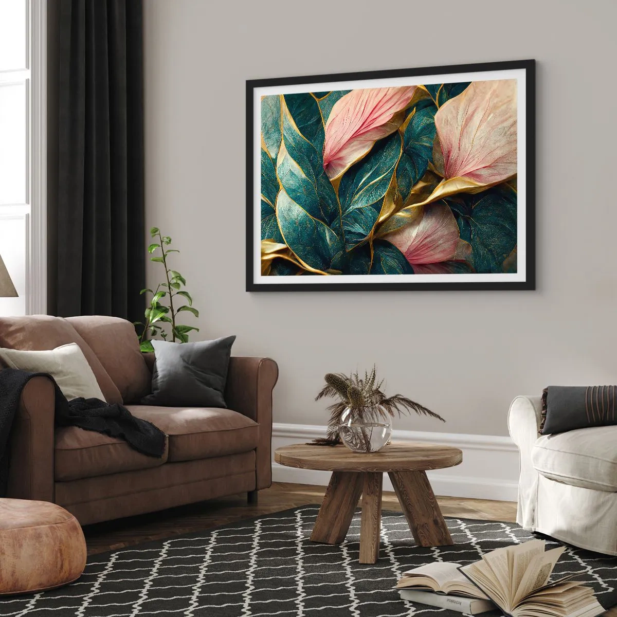 Plakat w czarnej ramie - Eleganckie liście w zieleni, złocie i różu - 70x50cm - Naturalna elegancja i styl - Nowoczesna dekoracja ścienna do salonu i sypialni ARTTOR