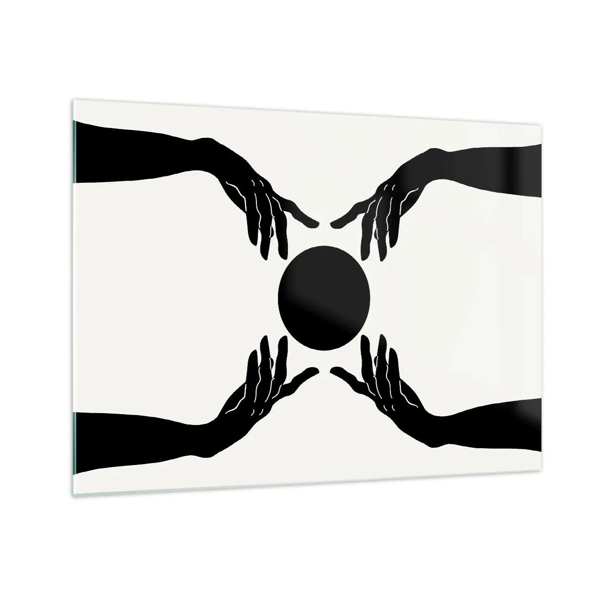 Obraz na szkle - Czarne dłonie wokół czarnego koła na jasnym tle - 70x50cm - Tajemny znak - Nowoczesna dekoracja ścienna do salonu i sypialni ARTTOR