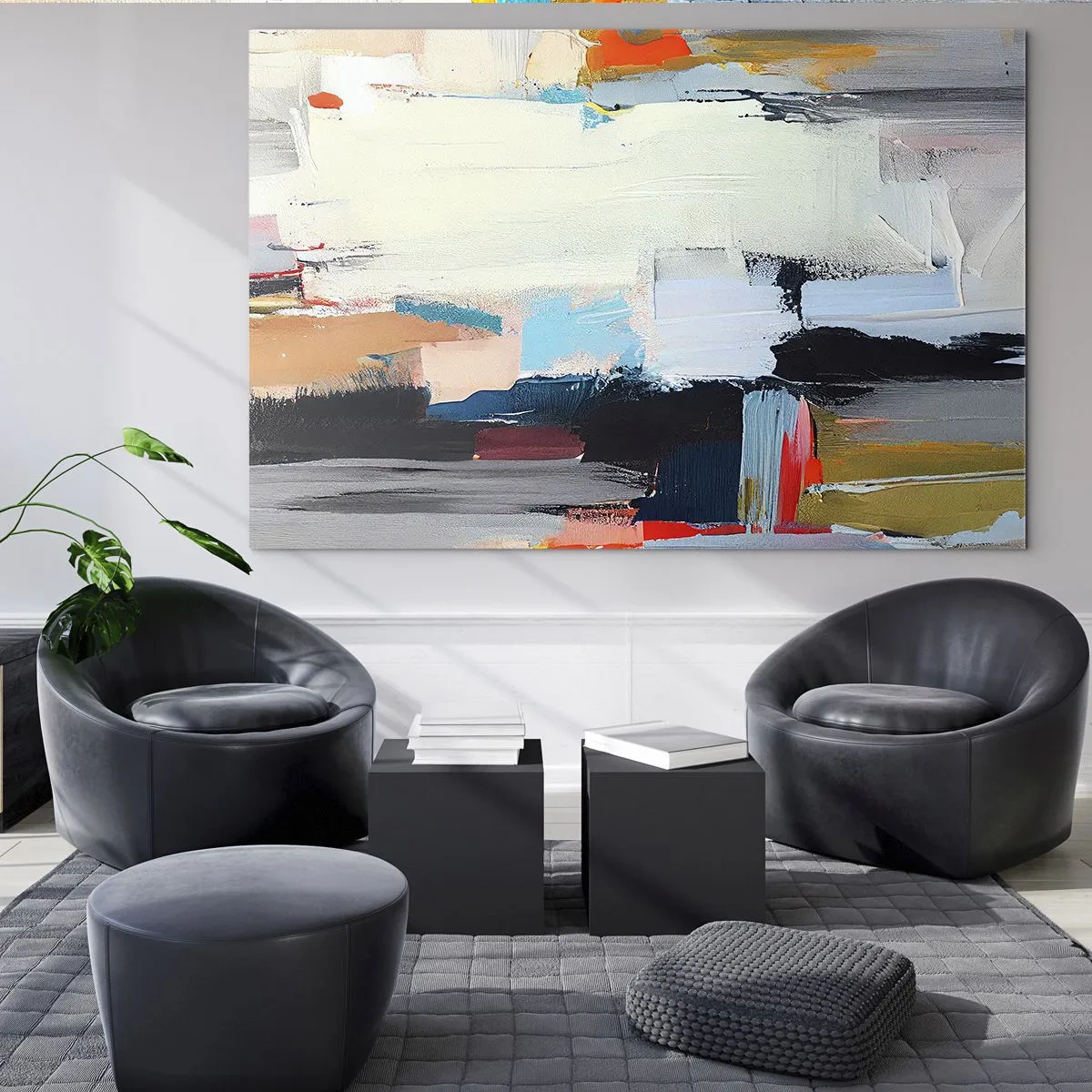 Obraz na szkle - Abstrakcyjna kompozycja z kolorowymi plamami i pociągnięciami - 70x50cm - Jest metoda? - Nowoczesna dekoracja ścienna do salonu i sypialni ARTTOR