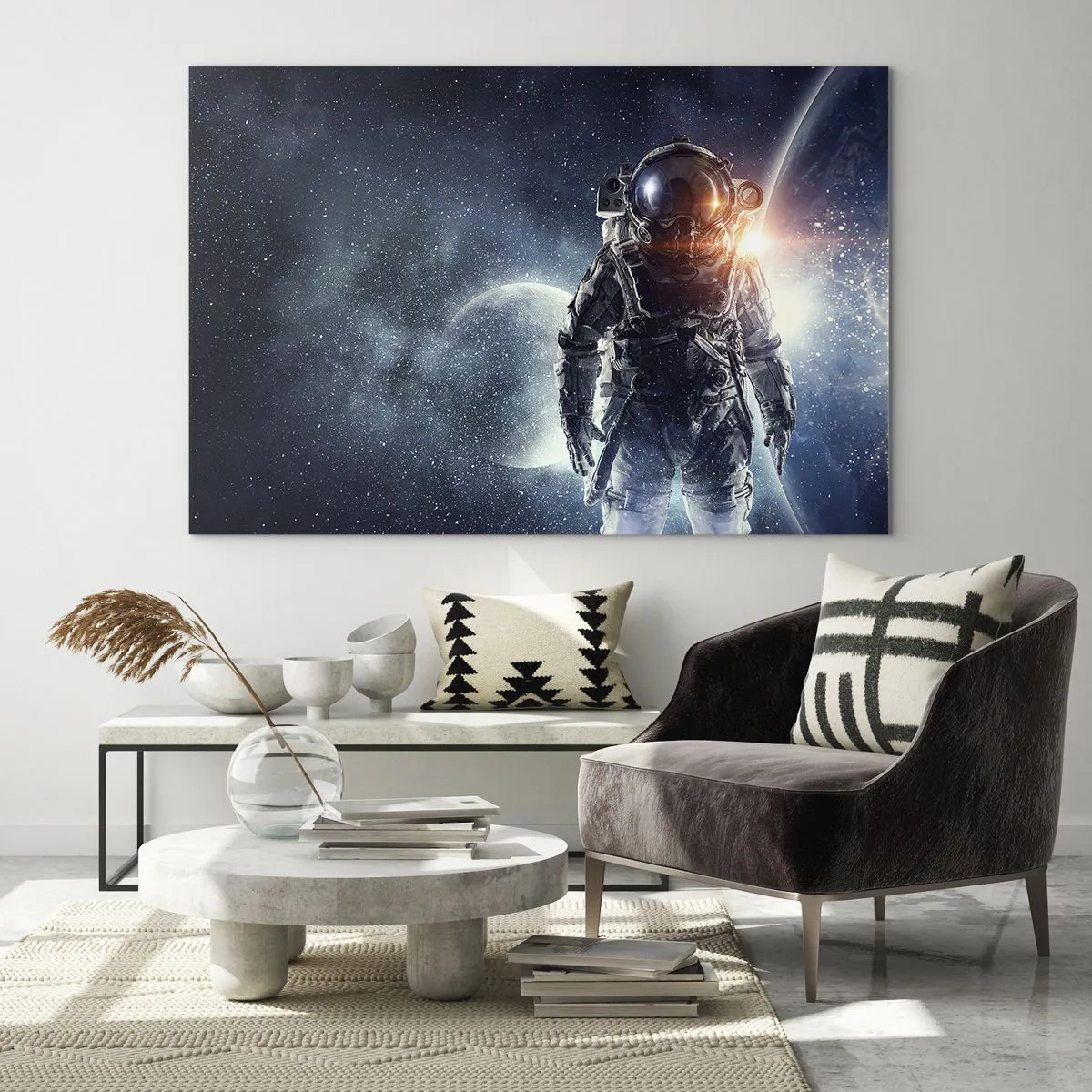 Obraz na szkle - Astronauta na tle planet i gwiazd - 100x70cm - Kosmiczna przygoda - Nowoczesna dekoracja ścienna do salonu, kuchni i sypialni ARTTOR