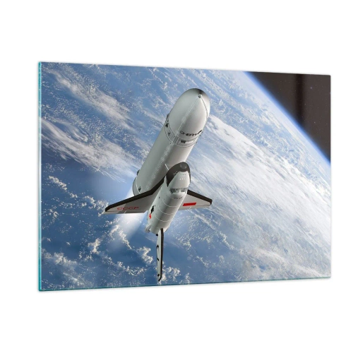 Obraz na szkle - Prom kosmiczny startujący na tle Ziemi w przestrzeni kosmicznej - 120x80cm - Kosmiczne wniebowstąpienie - Nowoczesna dekoracja ścienna do salonu, kuchni i sypialni ARTTOR