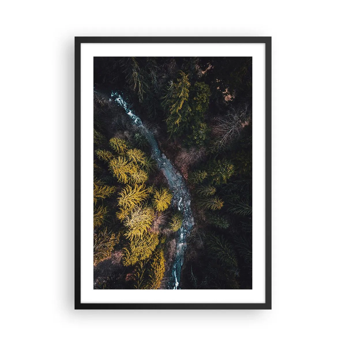 Plakat w czarnej ramie - Leśny potok z lotu ptaka - 50x70cm - Szybko, coraz szybciej - Nowoczesna dekoracja ścienna do salonu i sypialni ARTTOR