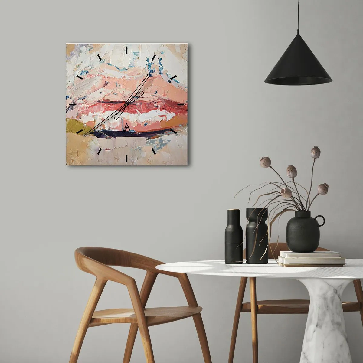 Zegar ścienny - Abstrakcyjna kompozycja przedstawiająca kobiece usta w pastelowych barwach - 30x30cm - Budzi zmysły - Nowoczesna dekoracja ścienna do salonu i sypialni ARTTOR