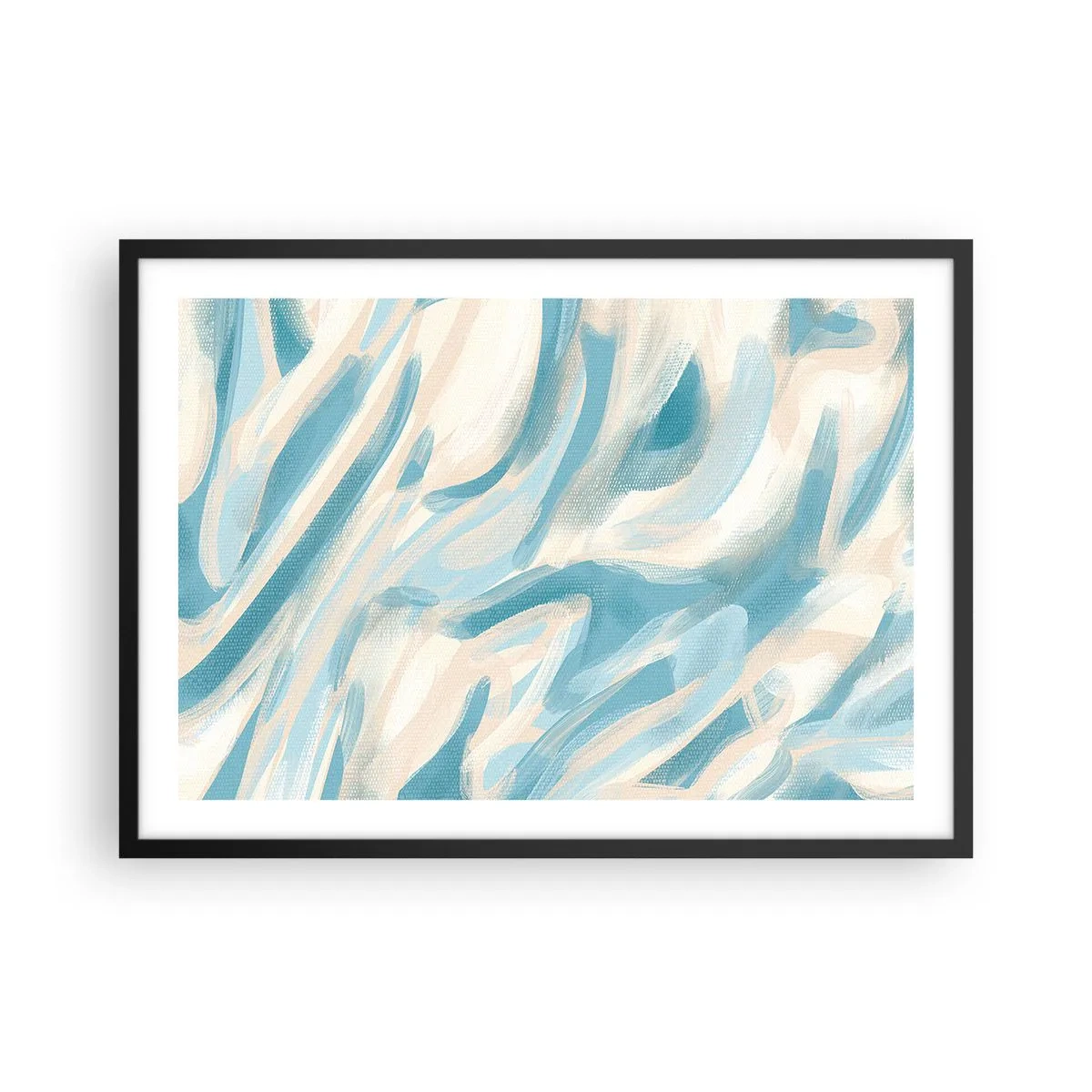 Plakat w czarnej ramie - Abstrakcyjne błękitne smugi na jasnym tle - 70x50cm - Wiosenne powiewy - Nowoczesna dekoracja ścienna do salonu i sypialni ARTTOR