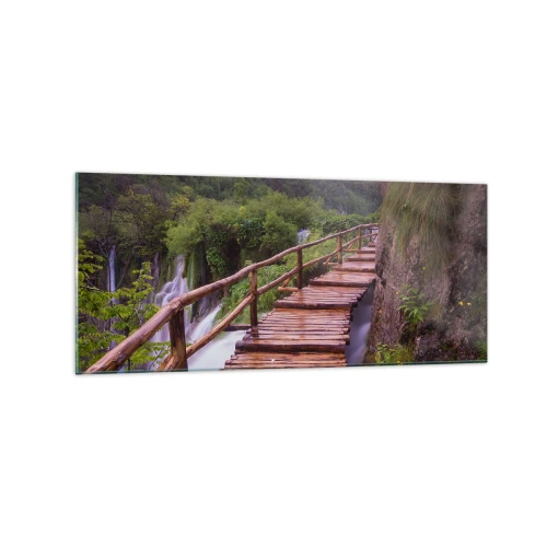 Obraz na szkle - Mostek z widokiem na wodospady o zachodzie słońca - 120x50cm - Piękno nie do uwierzenia - Nowoczesna dekoracja ścienna do salonu i sypialni ARTTOR