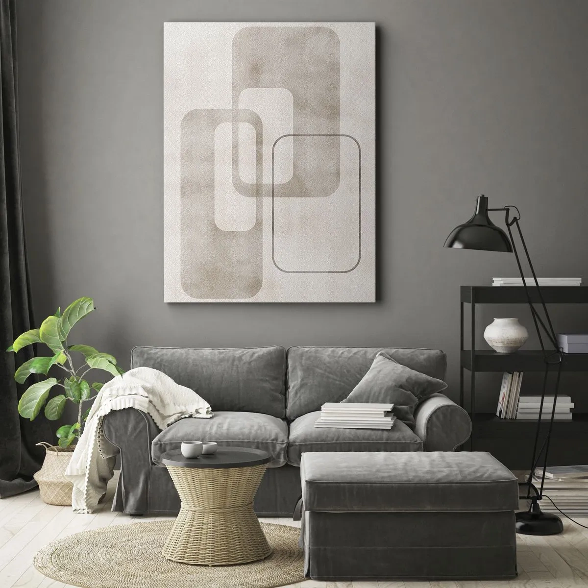 Obraz na płótnie - Minimalistyczna kompozycja z prostokątami w beżowych odcieniach na subtelnym tle - 80x120cm - Geometryczna fuga - Nowoczesna dekoracja ścienna do salonu i sypialni ARTTOR