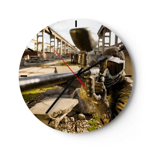 Zegar ścienny - Paintball w industrialnym otoczeniu - 30x30cm - I ty możesz zostać bohaterem - Nowoczesna dekoracja ścienna do salonu, kuchni i sypialni ARTTOR