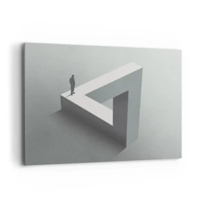 Obraz na płótnie - Postać stojąca na trójkącie Penrose’a w szarościach - 100x70cm - A jednak możliwe - Nowoczesna dekoracja ścienna do salonu, kuchni i sypialni ARTTOR