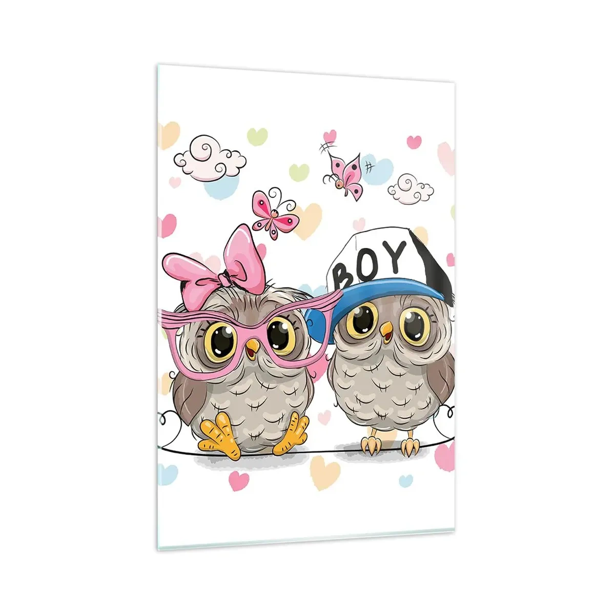 Obraz na szkle - Dwie urocze sowy w otoczeniu serduszek - 80x120cm - Kochajmy się! - Nowoczesna dekoracja ścienna do salonu i sypialni ARTTOR