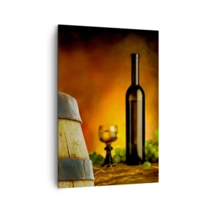 Obraz na płótnie - Winogrona na beczce z winem w tle w ciepłej kolorystyce - 70x100cm - Martwa natura z butelką wina i kiścią winogron - Nowoczesna dekoracja ścienna do salonu i sypialni ARTTOR