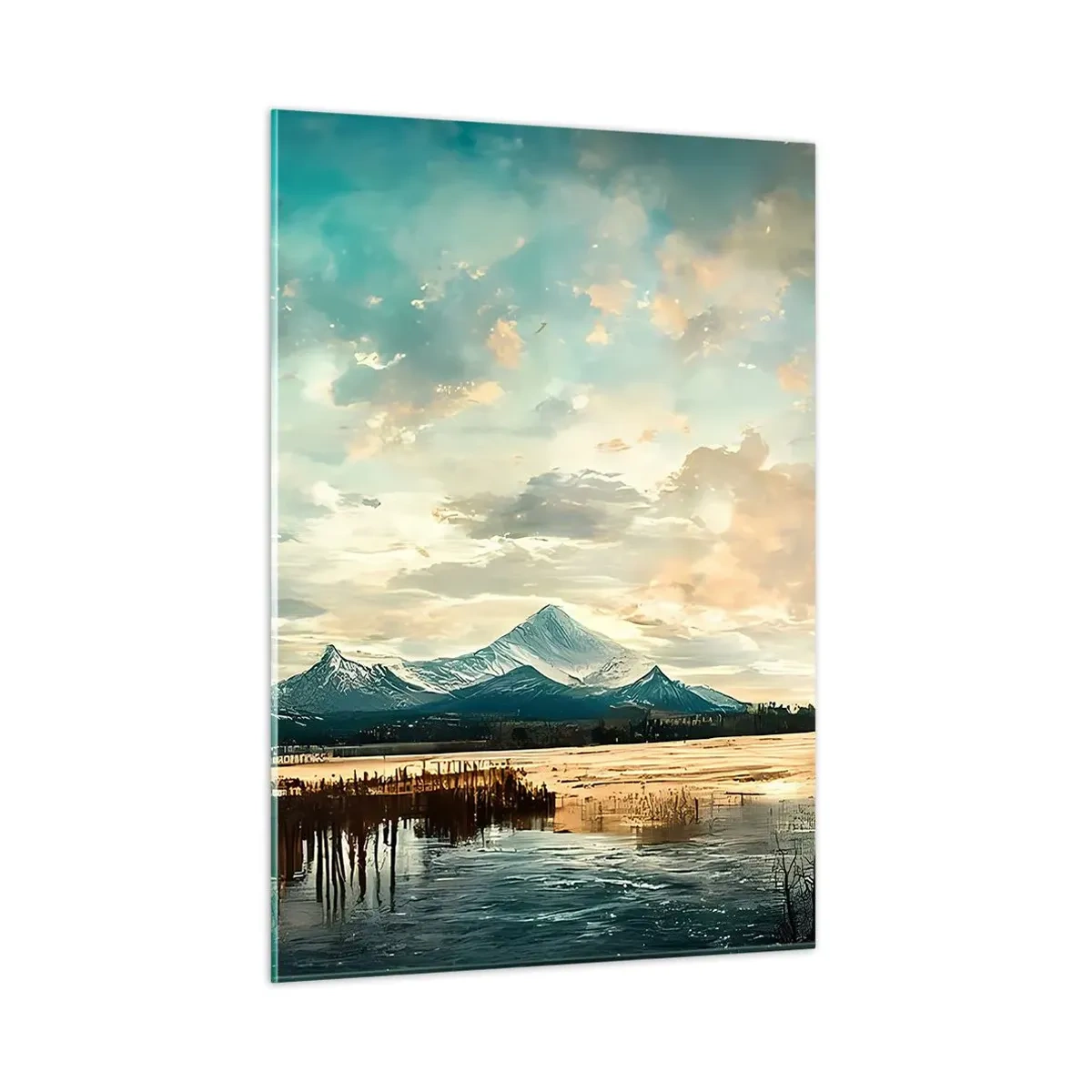Obraz na szkle - Zimowy krajobraz z górami i zamarzniętym jeziorem - 50x70cm - Pod opieką nieba - Nowoczesna dekoracja ścienna do salonu, kuchni i sypialni ARTTOR