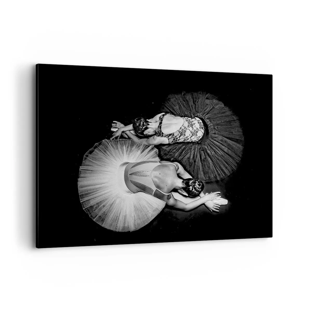 Obraz na płótnie - Czarno-biały obraz dwóch baletnic w dynamicznej pozie - 100x70cm - Jin i jang – idealna równowaga - Nowoczesna dekoracja ścienna do salonu, kuchni i sypialni ARTTOR