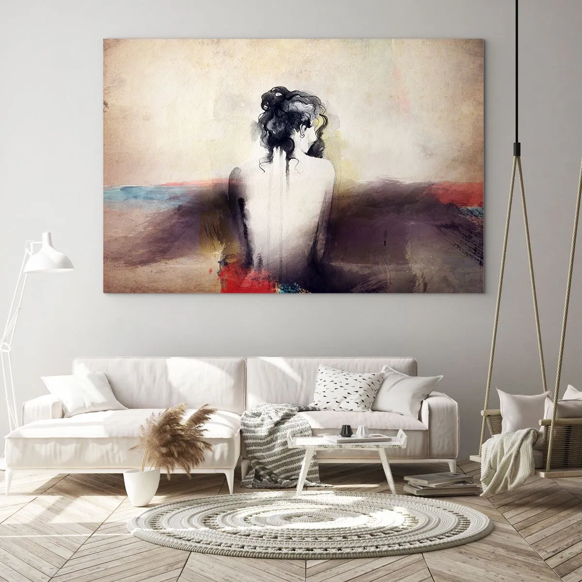 Obraz na szkle - Subtelny portret kobiety na tle pastelowego krajobrazu - 120x80cm - Łagodne linie, owalne kształty - Nowoczesna dekoracja ścienna do salonu, kuchni i sypialni ARTTOR