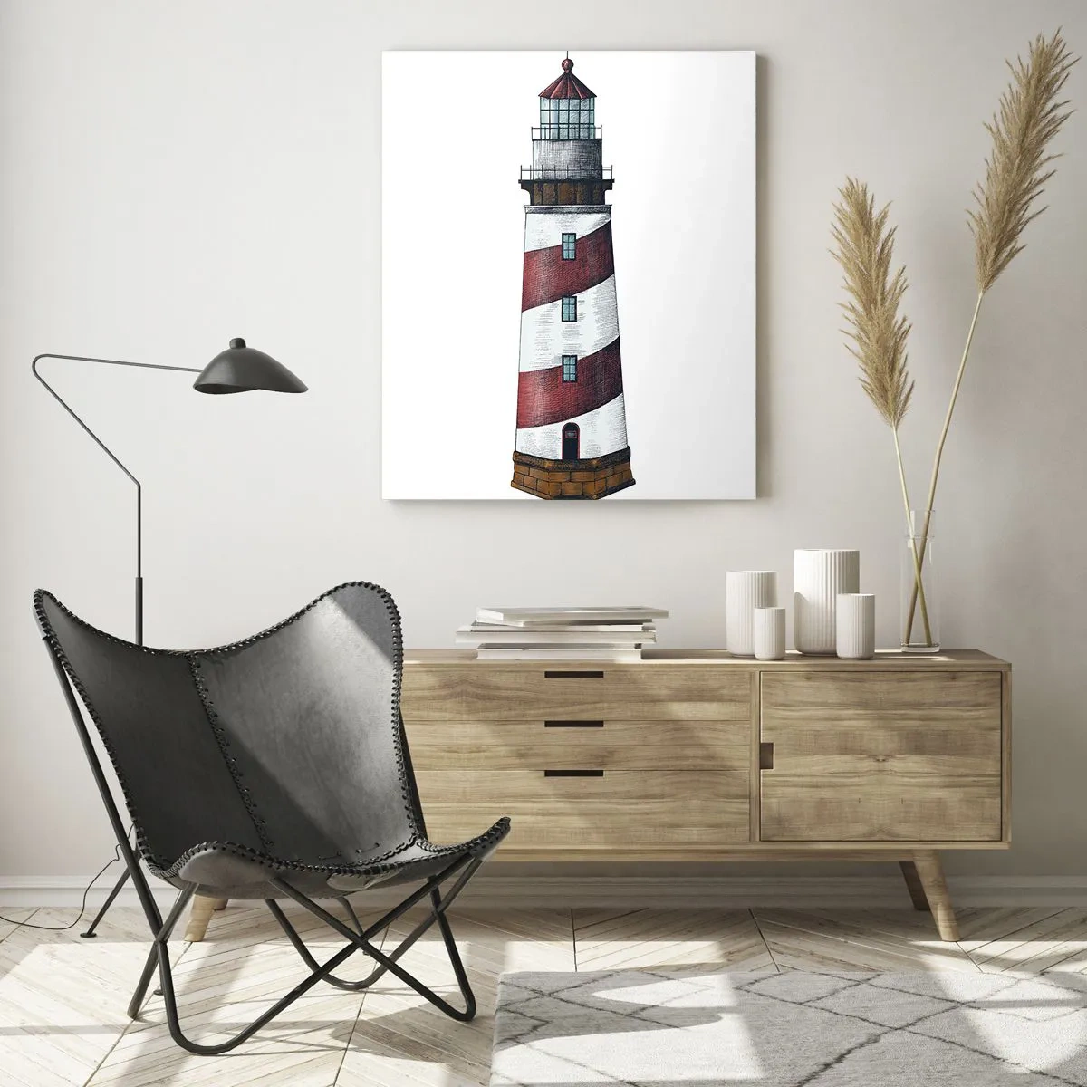 Obraz na szkle - Czerwono-biała latarnia morska na białym tle - 50x70cm - Zawsze na straży - Nowoczesna dekoracja ścienna do salonu, kuchni i sypialni ARTTOR