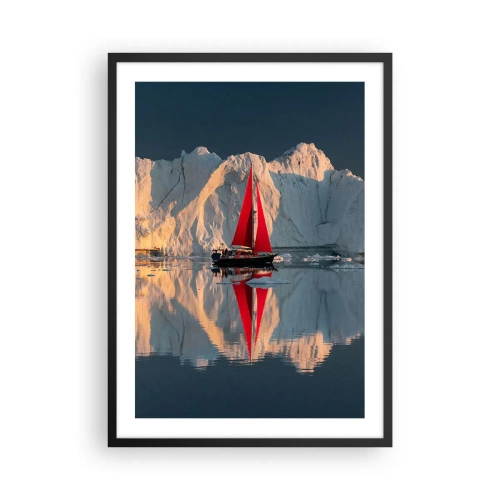 Plakat w czarnej ramie - Czerwony żagiel łodzi na tle lodowców i spokojnej wody - 50x70cm - Na krańcu świata - Nowoczesna dekoracja ścienna do salonu i sypialni ARTTOR