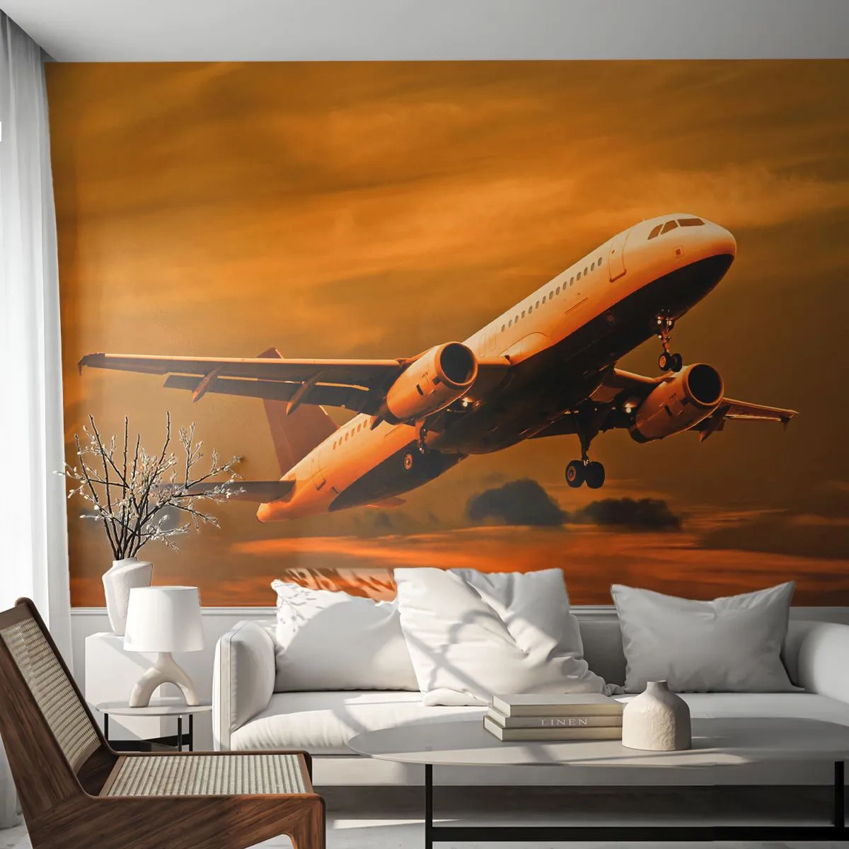 Fototapeta Premium Sand - Samolot pasażerski w złocistym świetle zachodu - 100x70cm - Lot w stronę słońca - Nowoczesna dekoracja ścienna do salonu, kuchni i sypialni ARTTOR