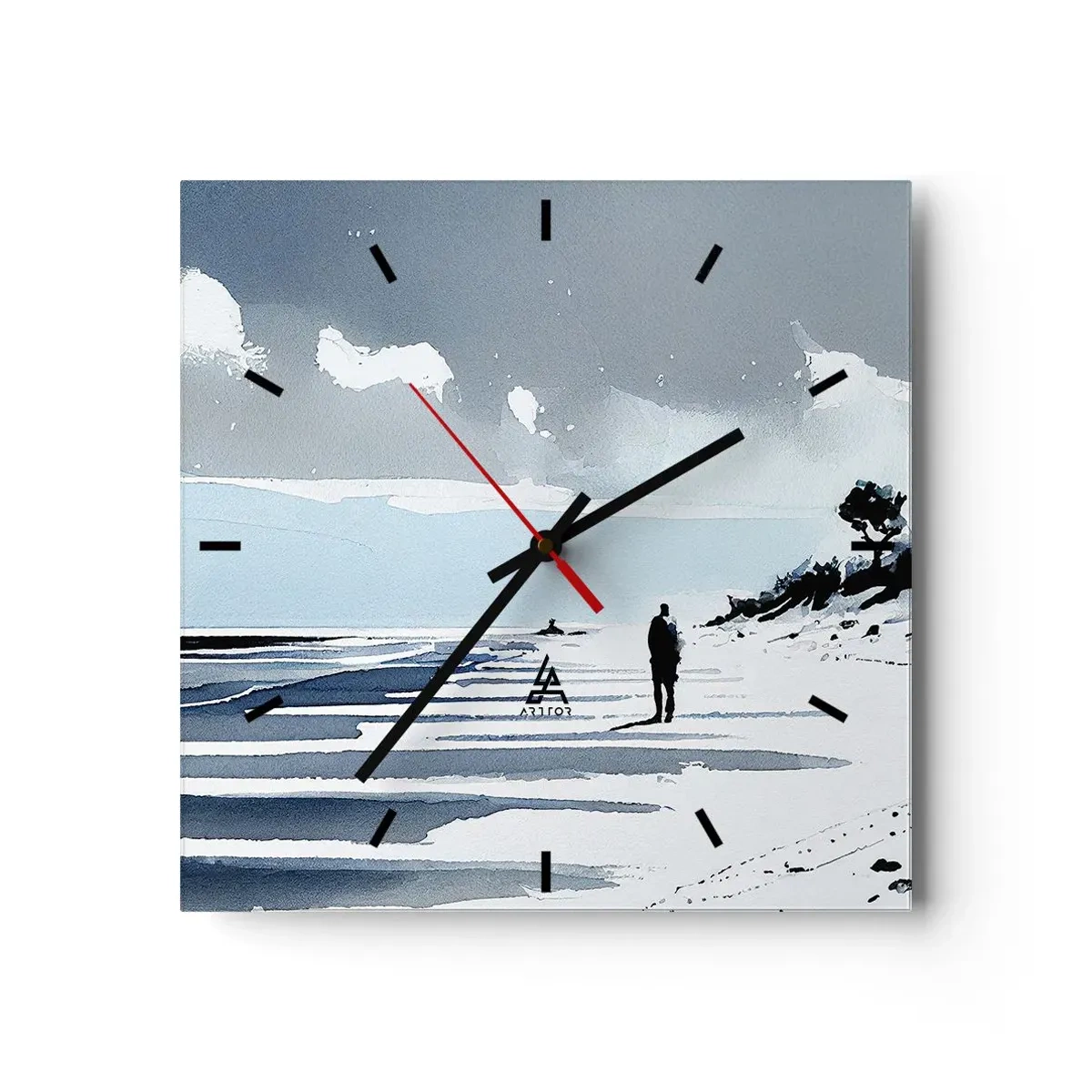 Zegar ścienny - Samotna postać spacerująca po pustej plaży - 30x30cm - Sam na sam - Nowoczesna dekoracja ścienna do salonu i sypialni ARTTOR