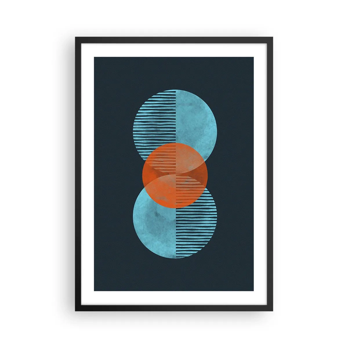 Plakat w czarnej ramie - Symetryczne koła w odcieniach błękitu i pomarańczy z liniami - 50x70cm - Kompozycja symetryczna - Nowoczesna dekoracja ścienna do salonu i sypialni ARTTOR