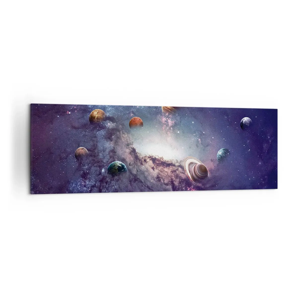 Obraz na płótnie - Planety w galaktyce na tle mgławicy - 160x50cm - Układ słoneczno-taneczny - Nowoczesna dekoracja ścienna do salonu i sypialni ARTTOR