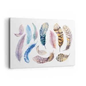 Obraz na płótnie - Kolorowe pióra w delikatnym akwarelowym stylu - 120x80cm - Lekkie, pstrokate i wielobarwne - Nowoczesna dekoracja ścienna do salonu, kuchni i sypialni ARTTOR