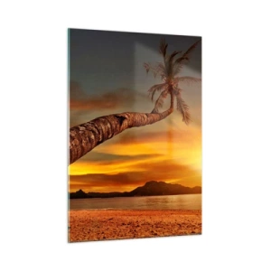 Obraz na szkle - Palma na tropikalnej plaży o zachodzie słońca - 50x70cm - Egzotyczne wakacje, karaibska przygoda - Nowoczesna dekoracja ścienna do salonu, kuchni i sypialni ARTTOR