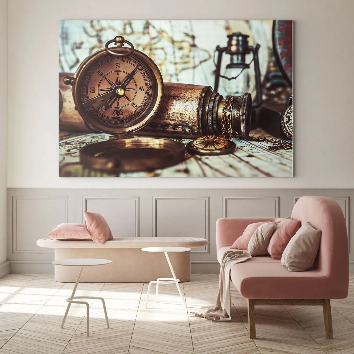 Obraz na szkle - Zabytkowy kompas i mapa na tle przygód pirackich - 70x50cm - Piracka przygoda na Karaibach czeka - Nowoczesna dekoracja ścienna do salonu i sypialni ARTTOR