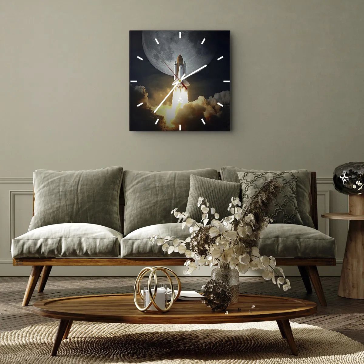 Zegar ścienny - Rakieta startująca na tle pełni księżyca w otoczeniu dynamicznych chmur - 30x30cm - Początek nieziemskiej przygody - Nowoczesna dekoracja ścienna do salonu i sypialni ARTTOR