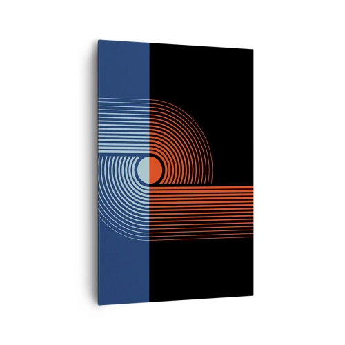 Obraz na płótnie - Geometryczna abstrakcja z liniami w kolorach granatu i pomarańczu - 80x120cm - W geometrycznym uścisku - Nowoczesna dekoracja ścienna do salonu i sypialni ARTTOR