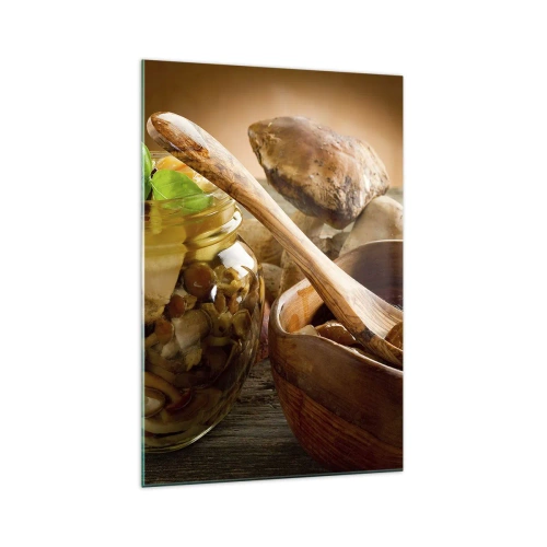 Obraz na szkle - Naturalne grzyby w słoiku na rustykalnym stole - 70x100cm - Czy świeży, czy solony, czy jesiennej pory... - Nowoczesna dekoracja ścienna do salonu i sypialni ARTTOR