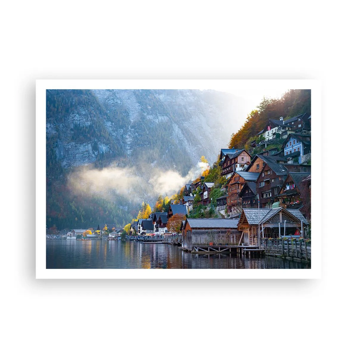 Plakat - Górska wioska nad jeziorem w jesiennej scenerii - 100x70cm - Alpejskie klimaty - Nowoczesna dekoracja ścienna do salonu i sypialni ARTTOR