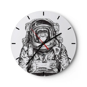 Zegar ścienny - Szkic astronauty małpy w czarno-białej stylistyce - 30x30cm - Alternatywna ewolucja - Nowoczesna dekoracja ścienna do salonu, kuchni i sypialni ARTTOR
