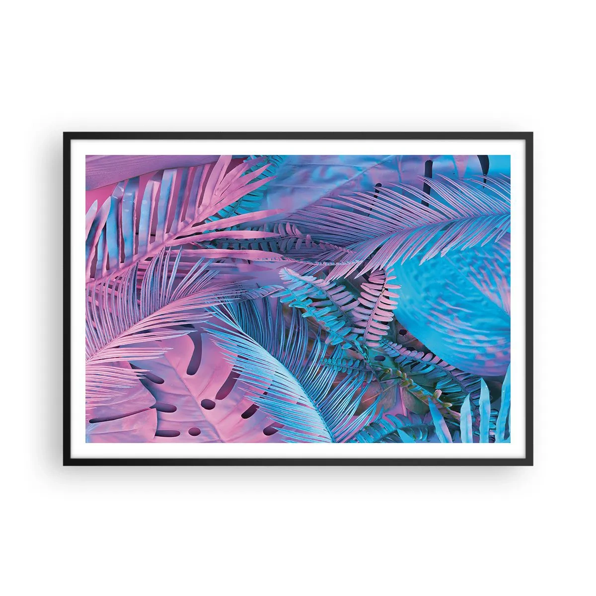Plakat w czarnej ramie - Tropikalne liście w odcieniach różu i błękitu - 100x70cm - Tropiki w różu i błękicie - Nowoczesna dekoracja ścienna do salonu i sypialni ARTTOR