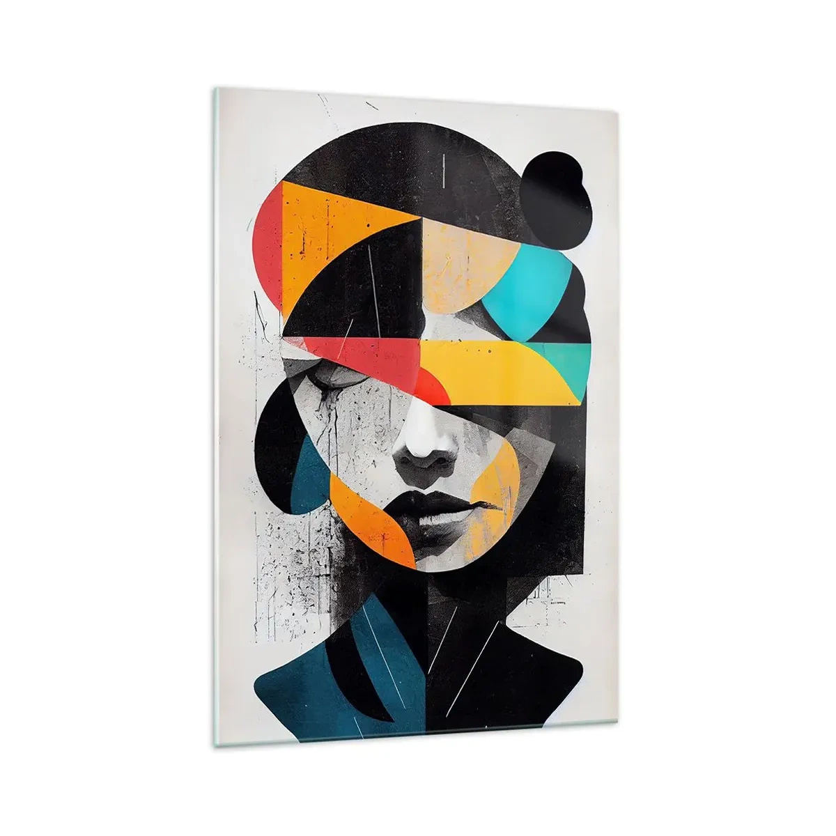 Obraz na szkle - Abstrakcyjny portret kobiety w geometrycznych kolorowych kształtach - 70x100cm - Portret wewnętrzny wielobarwny - Nowoczesna dekoracja ścienna do salonu i sypialni ARTTOR