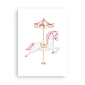 Plakat - Uroczy biały konik na karuzeli w pastelowych barwach - 50x70cm - Ruszył z kopyta - Nowoczesna dekoracja ścienna do salonu, kuchni i sypialni ARTTOR