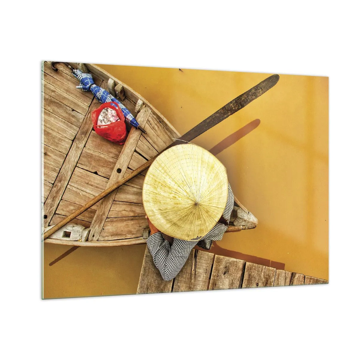 Obraz na szkle - Widok z góry na łódź i osobę w stożkowym kapeluszu - 100x70cm - Życie na żółtej rzece - Nowoczesna dekoracja ścienna do salonu, kuchni i sypialni ARTTOR