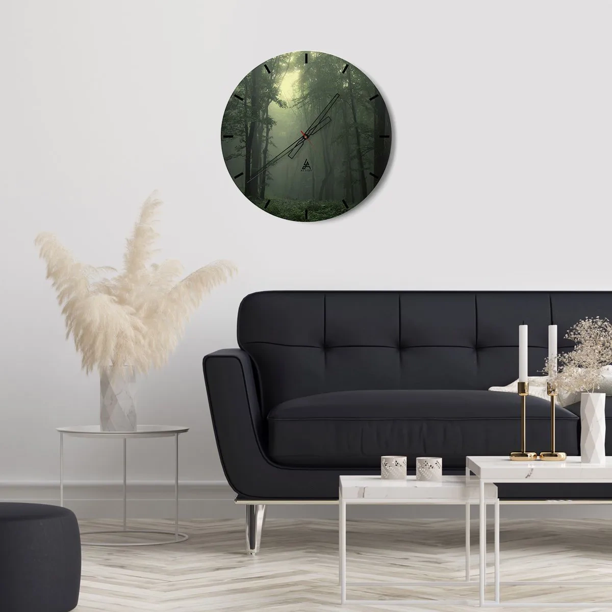 Zegar ścienny - Zielony las we mgle z czarnymi wskazówkami zegara - 30x30cm - Zanim się obudzi - Nowoczesna dekoracja ścienna do salonu, kuchni i sypialni ARTTOR
