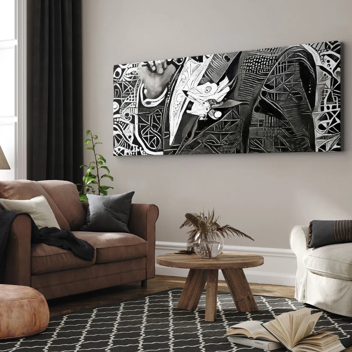 Obraz na płótnie - Elegancka abstrakcja z mężczyzną w garniturze w czerni i bieli - 160x50cm - Tylko na pozór szary człowiek - Nowoczesna dekoracja ścienna do salonu i sypialni ARTTOR