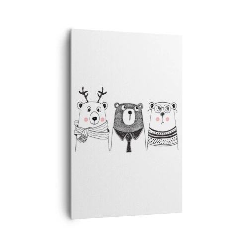 Obraz na płótnie - Trzy zabawne niedźwiedzie w minimalistycznym stylu - 80x120cm - Miś, misiaczek i misio - Nowoczesna dekoracja ścienna do salonu i sypialni ARTTOR